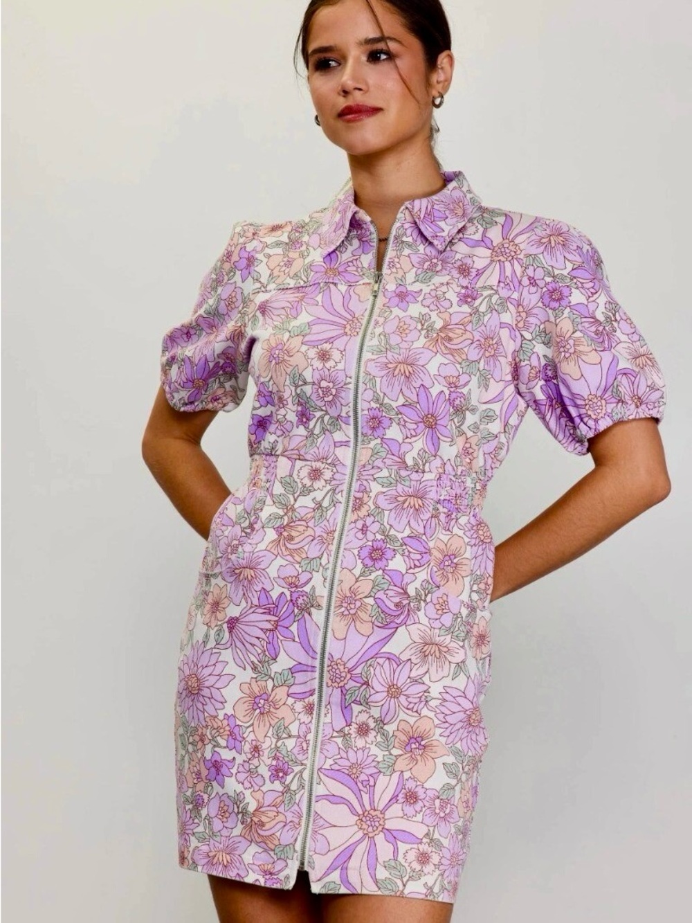 Skies are Blue Floral Zip-Front Puff Sleeve Dress - Lavender